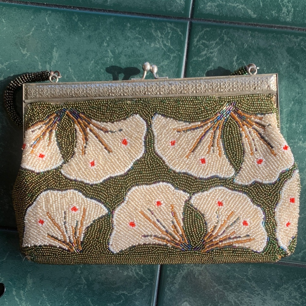 Unique Vintage Beaded Olive Green and Cream Floral Clutch - Picture 2 of 5